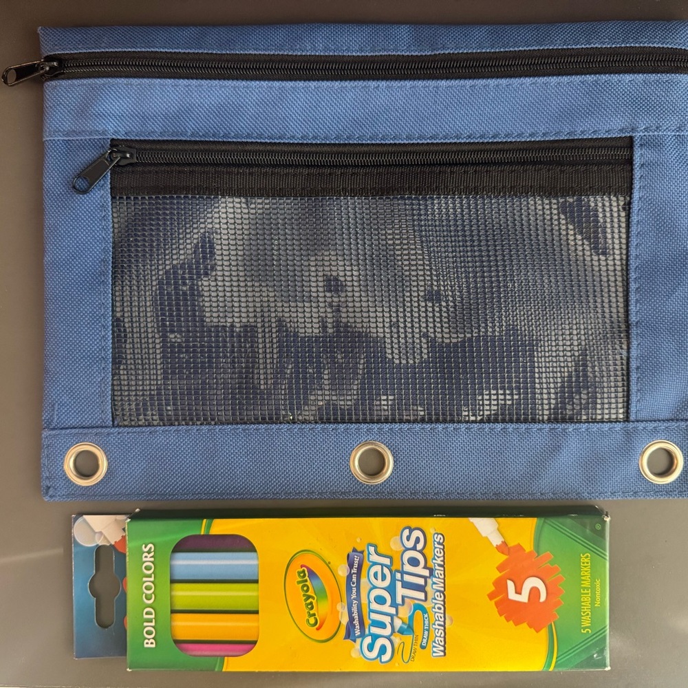 Blue Pencil Pouch with Crayola Super Tips Markers. FREE Pencils with purchase!!